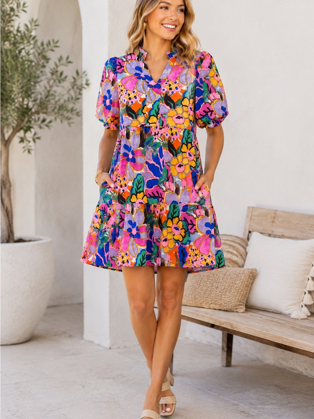 THML Floral Print Dress with Pink Accents